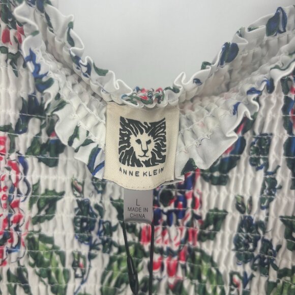 Anne Klein Women's Smocked Ruffle Sleeve Midi Dress Pearl White Red Multi L NWT - Picture 5 of 6